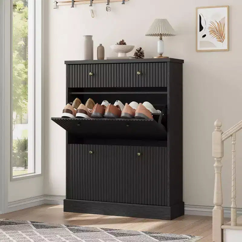 42 Fluted Shoe Cabinet with 2 Flip Drawers - Curved Profile Wooden Shoe Organizer for Entryway & Hallway