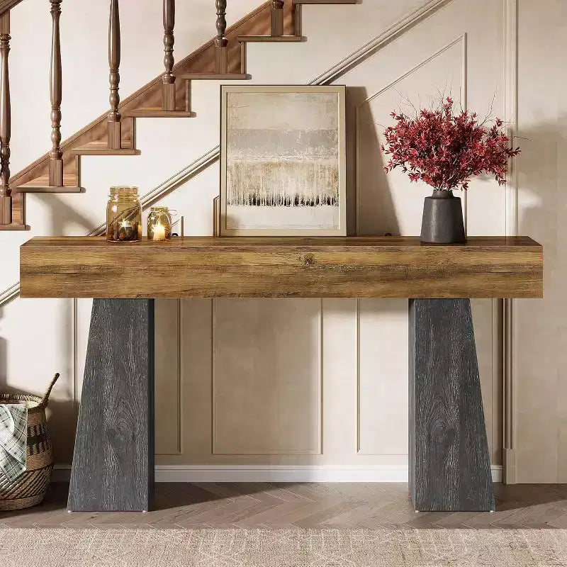 Lantine Table console d'entrée de ferme de 63 pouces, longue table console en bois avec double base trapézoïdale pour salon, couloir, entrée
