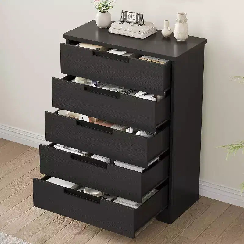 Commode à 5 tiroirs pour chambre à coucher, commode noire à 5 tiroirs avec poignées encastrées, organisateur de commode en bois pour salon, chambre d'enfant, couloir