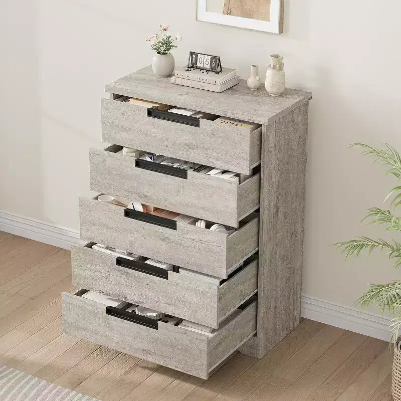 Commode à 5 tiroirs pour chambre à coucher, commode noire à 5 tiroirs avec poignées encastrées, organisateur de commode en bois pour salon, chambre d'enfant, couloir