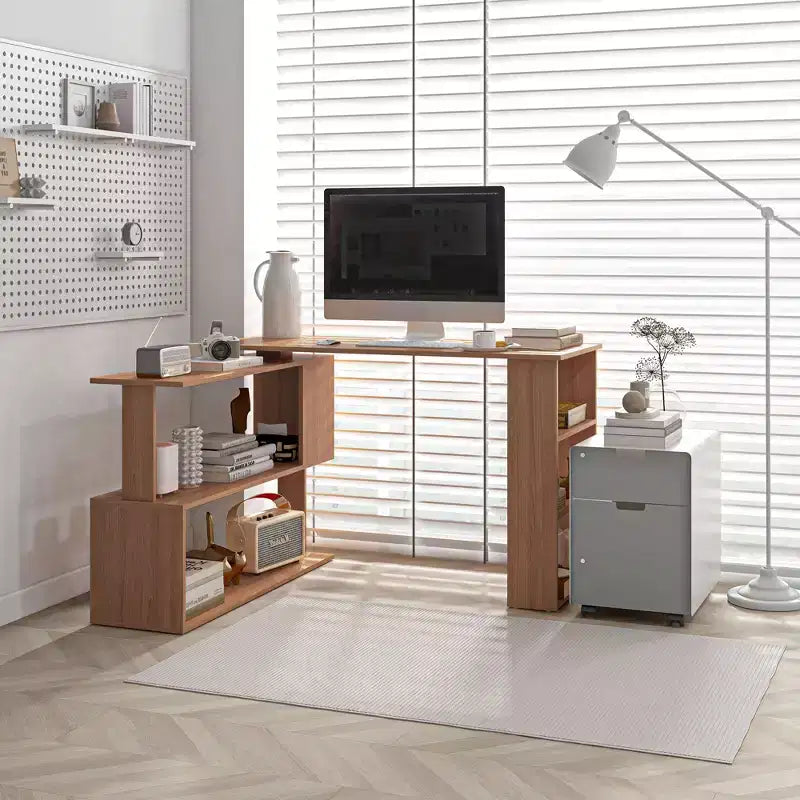 HOMCOM Bureau d'angle en L rotatif à 360° avec étagères de rangement, bureau d'écriture, teck