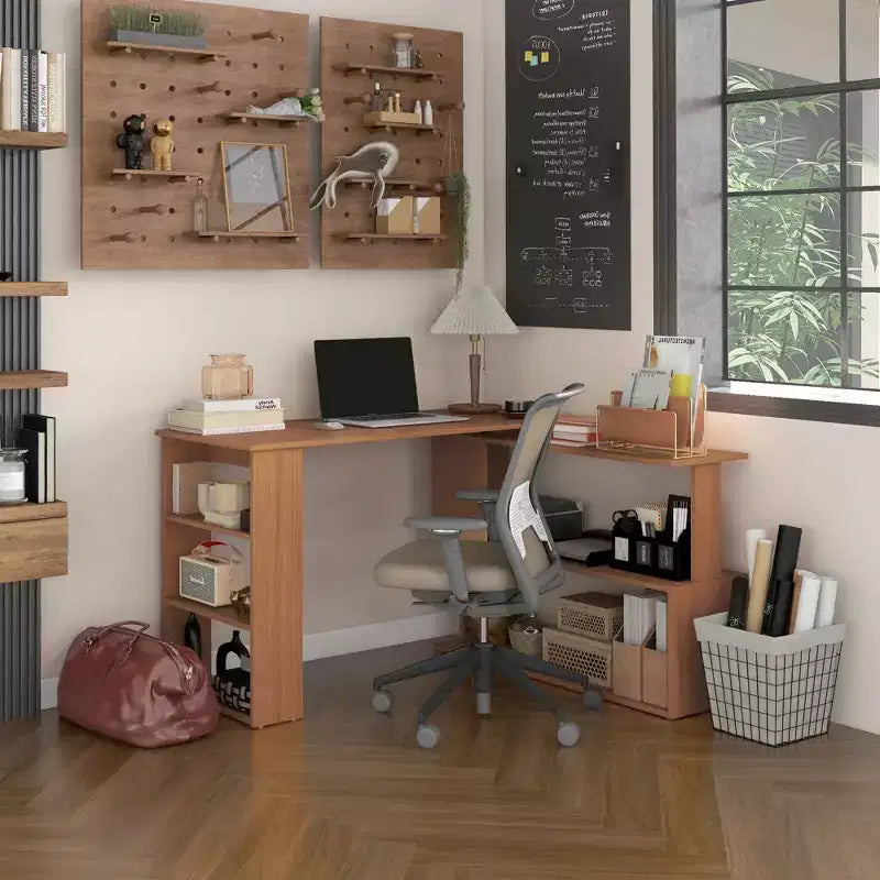 HOMCOM Bureau d'angle en L rotatif à 360° avec étagères de rangement, bureau d'écriture, teck