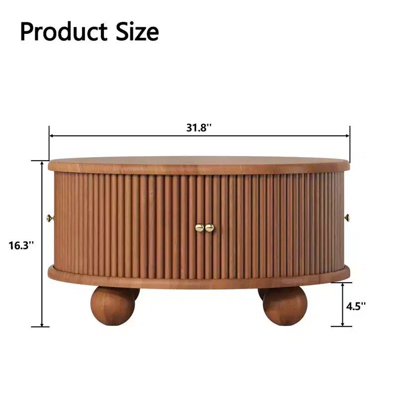 Table basse ronde de rangement rainurée JVNOXK de 31,8 pouces, en bois de pin massif, portes coulissantes, compartiments intérieurs spacieux, durable, finition noyer