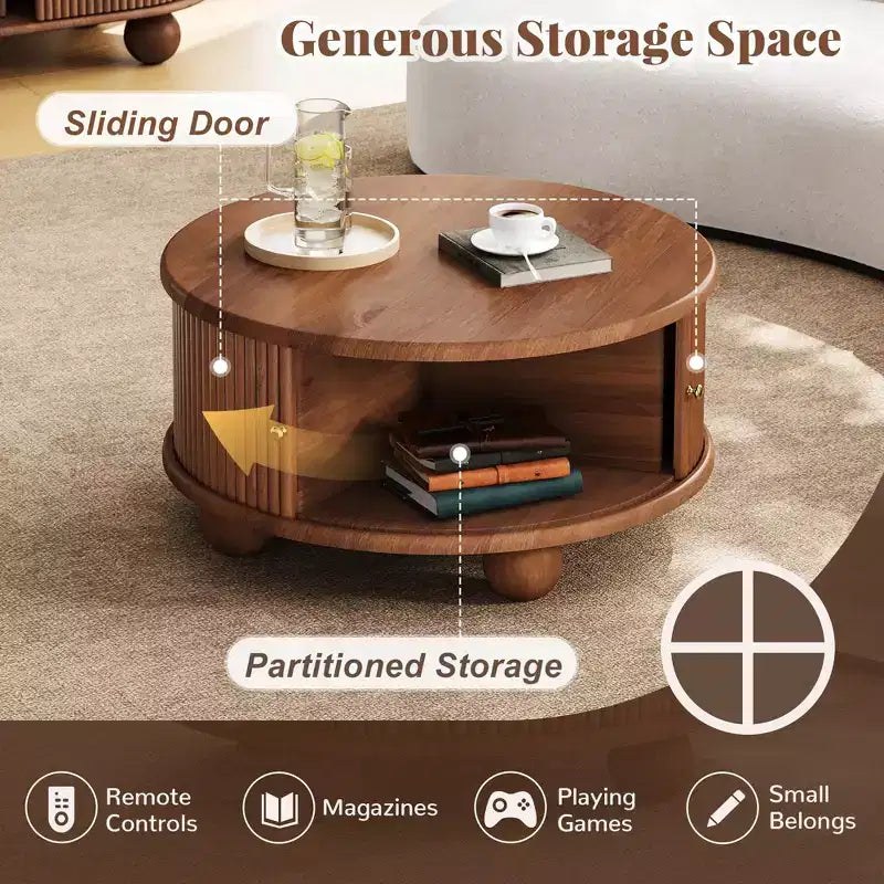 Table basse ronde de rangement rainurée JVNOXK de 31,8 pouces, en bois de pin massif, portes coulissantes, compartiments intérieurs spacieux, durable, finition noyer