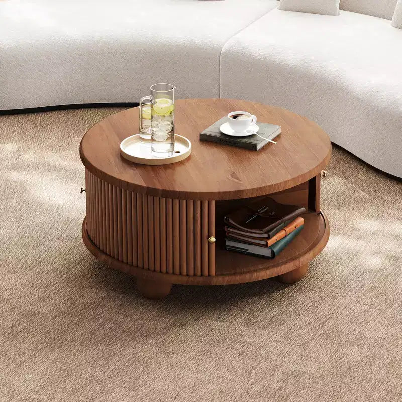 Table basse ronde de rangement rainurée JVNOXK de 31,8 pouces, en bois de pin massif, portes coulissantes, compartiments intérieurs spacieux, durable, finition noyer