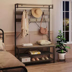 Meuble d'entrée 72 po avec banc à chaussures, rangement aspect bois, barre de suspension et 8 crochets, étagère d'appoint pour manteaux et chaussures