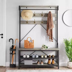 Meuble d'entrée 72 po avec banc à chaussures, rangement aspect bois, barre de suspension et 8 crochets, étagère d'appoint pour manteaux et chaussures