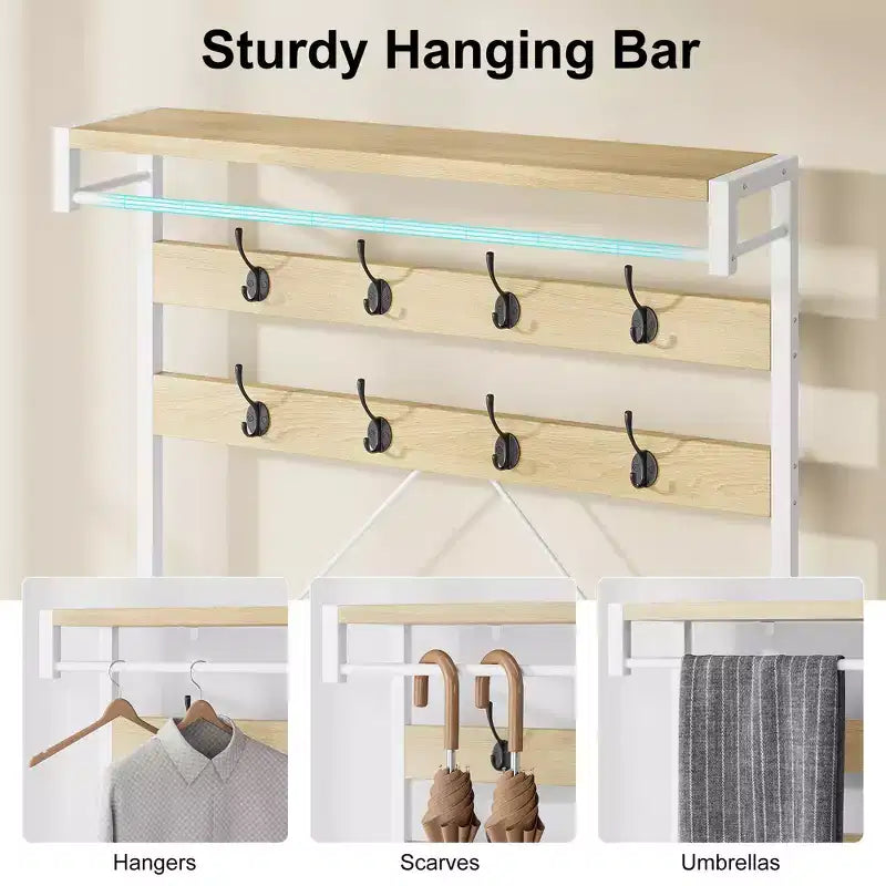 Meuble d'entrée 72 po avec banc à chaussures, rangement aspect bois, barre de suspension et 8 crochets, étagère d'appoint pour manteaux et chaussures