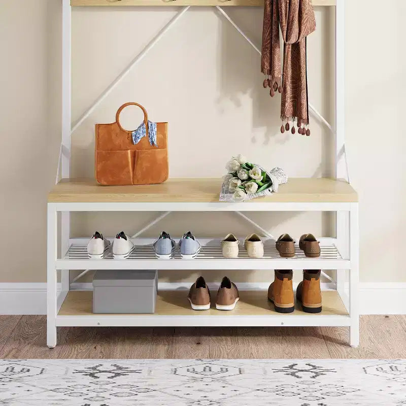 Meuble d'entrée 72 po avec banc à chaussures, rangement aspect bois, barre de suspension et 8 crochets, étagère d'appoint pour manteaux et chaussures