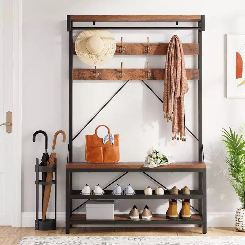 Meuble d'entrée 72 po avec banc à chaussures, rangement aspect bois, barre de suspension et 8 crochets, étagère d'appoint pour manteaux et chaussures