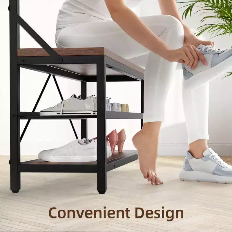 Meuble d'entrée 72 po avec banc à chaussures, rangement aspect bois, barre de suspension et 8 crochets, étagère d'appoint pour manteaux et chaussures