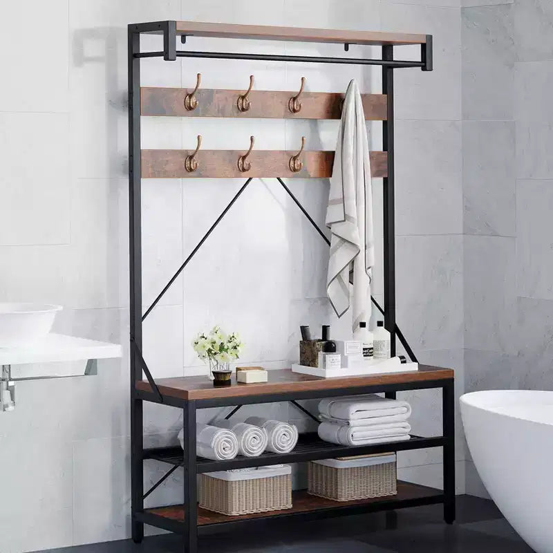 Meuble d'entrée 72 po avec banc à chaussures, rangement aspect bois, barre de suspension et 8 crochets, étagère d'appoint pour manteaux et chaussures