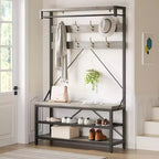 Meuble d'entrée 72 po avec banc à chaussures, rangement aspect bois, barre de suspension et 8 crochets, étagère d'appoint pour manteaux et chaussures