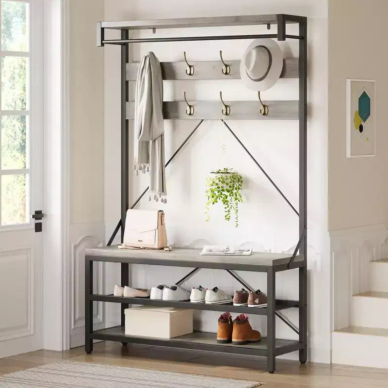 Meuble d'entrée 72 po avec banc à chaussures, rangement aspect bois, barre de suspension et 8 crochets, étagère d'appoint pour manteaux et chaussures