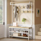 Meuble d'entrée 72 po avec banc à chaussures, rangement aspect bois, barre de suspension et 8 crochets, étagère d'appoint pour manteaux et chaussures
