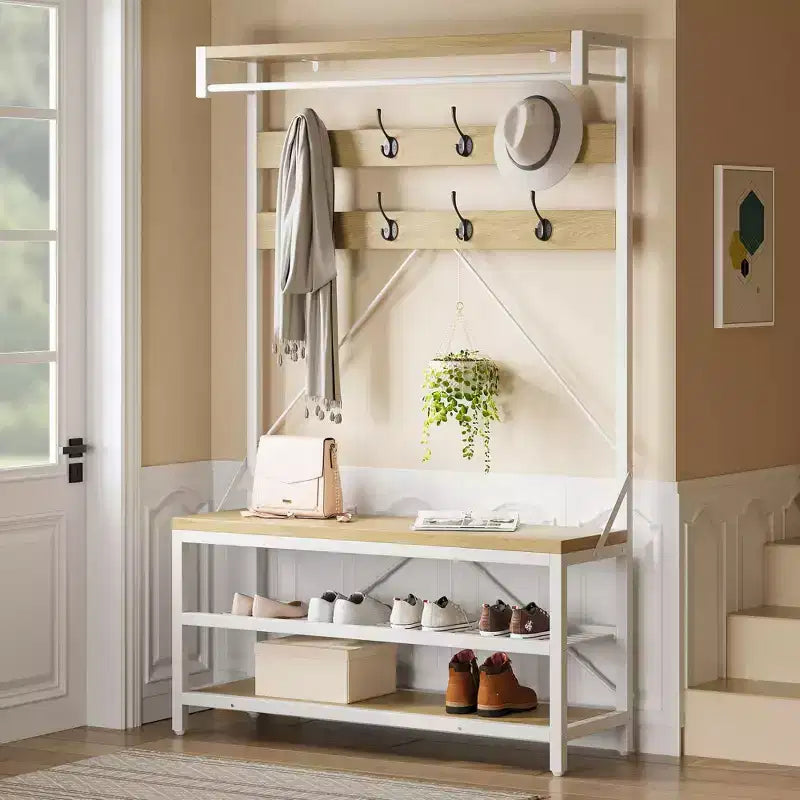 Meuble d'entrée 72 po avec banc à chaussures, rangement aspect bois, barre de suspension et 8 crochets, étagère d'appoint pour manteaux et chaussures