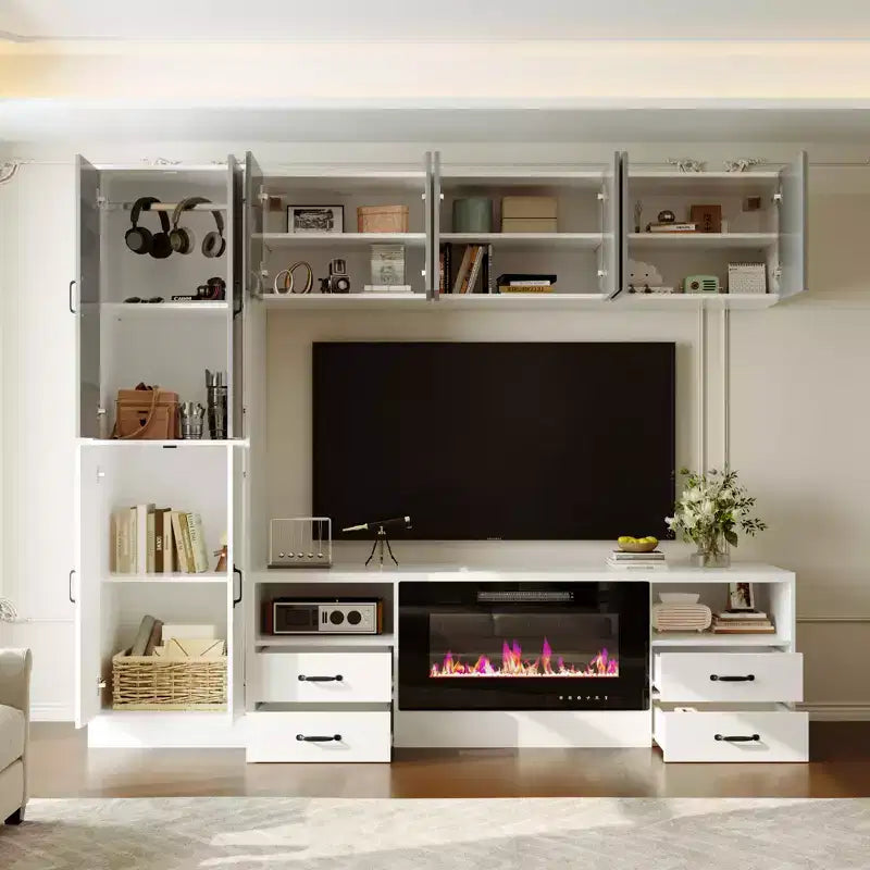 Meuble TV minimaliste bicolore Famapy : Meuble de rangement multiple Élégant meuble TV pour salons (Cheminée électrique en option)