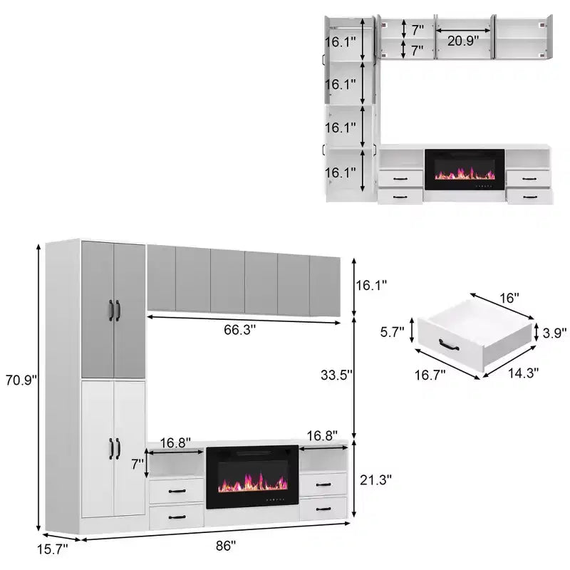 Meuble TV minimaliste bicolore Famapy : Meuble de rangement multiple Élégant meuble TV pour salons (Cheminée électrique en option)