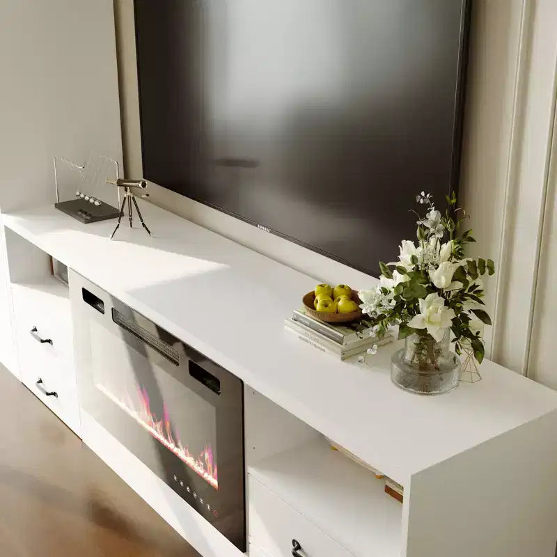 Meuble TV minimaliste bicolore Famapy : Meuble de rangement multiple Élégant meuble TV pour salons (Cheminée électrique en option)
