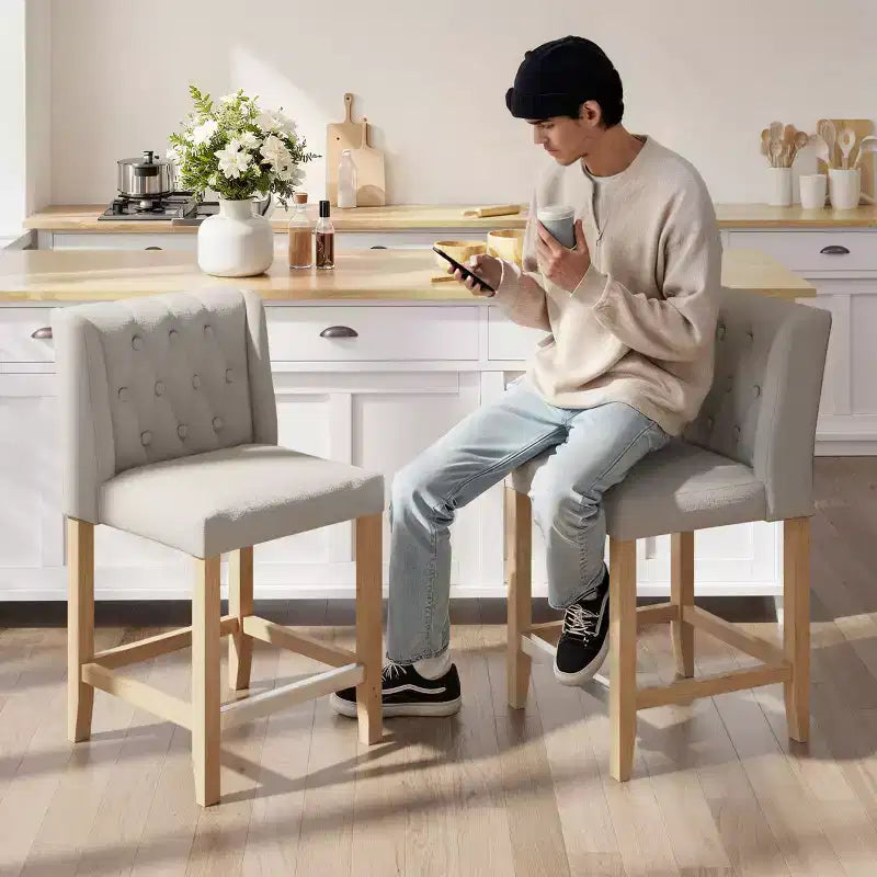 Tabouret de comptoir et de bar EROMMY avec cadre en bois massif et siège rembourré (lot de 2)