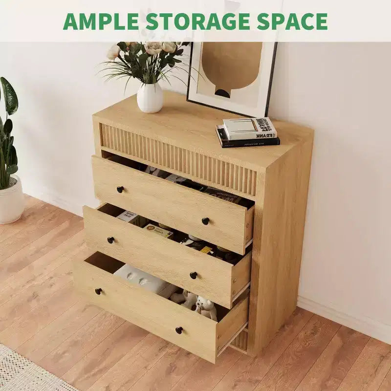 Table de chevet GustoWave à 3 tiroirs cannelés, commode de rangement moderne de 80 cm de large pour chambre à coucher, couloir et chambre d'enfant