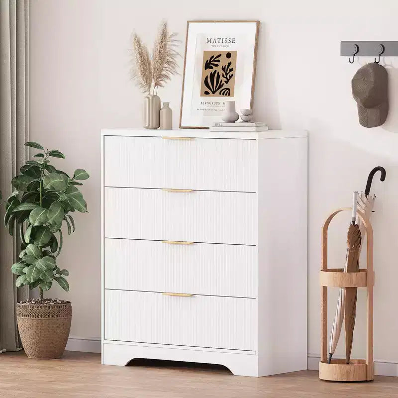 Commode 4 tiroirs, 98 cm de style moderne cannelé avec poignées dorées, rangement polyvalent pour chambre à coucher, salon, couloir et chambre d'enfant
