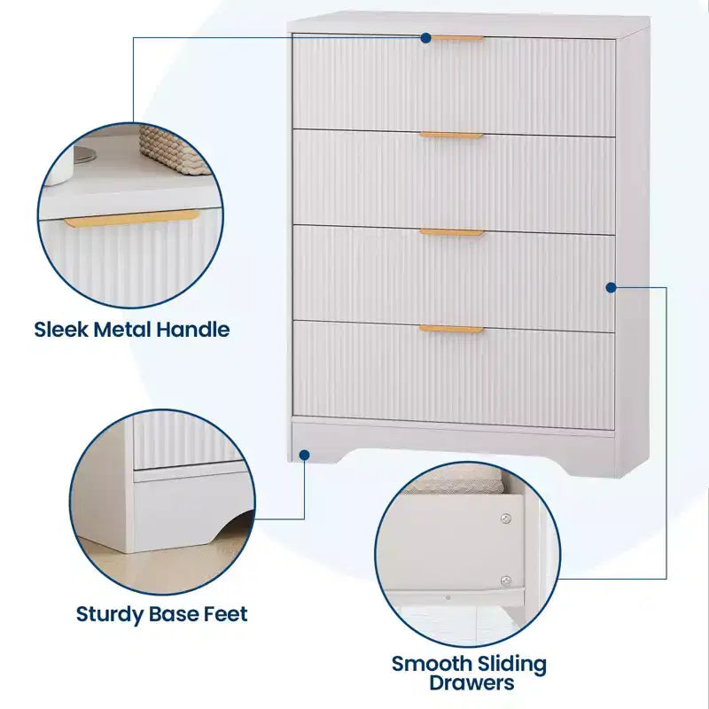 Commode 4 tiroirs, 98 cm de style moderne cannelé avec poignées dorées, rangement polyvalent pour chambre à coucher, salon, couloir et chambre d'enfant