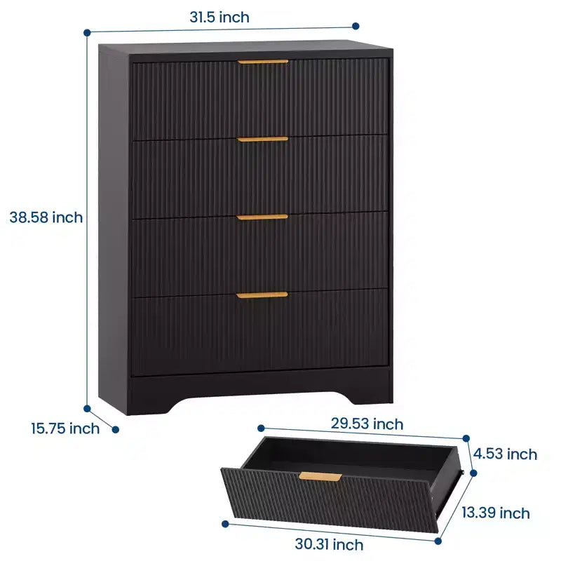 Commode 4 tiroirs, 98 cm de style moderne cannelé avec poignées dorées, rangement polyvalent pour chambre à coucher, salon, couloir et chambre d'enfant