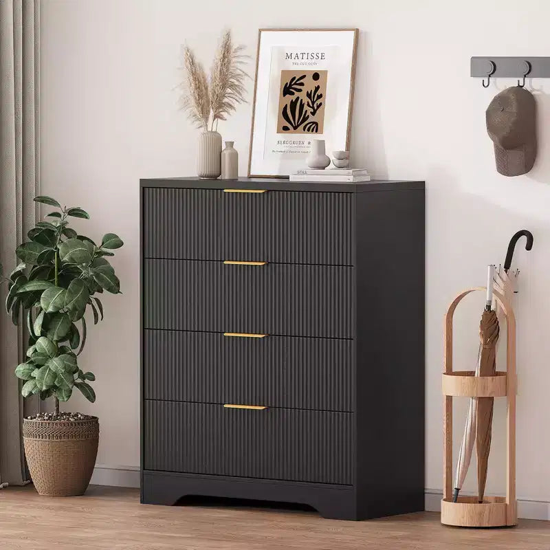 Commode 4 tiroirs, 98 cm de style moderne cannelé avec poignées dorées, rangement polyvalent pour chambre à coucher, salon, couloir et chambre d'enfant
