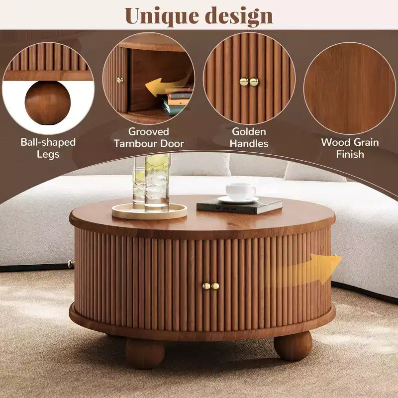 Table basse ovale/ronde, table d'appoint canapé avec plateau cannelé, table de rangement, table de cocktail avec cadre en bois massif - ModernLuxe