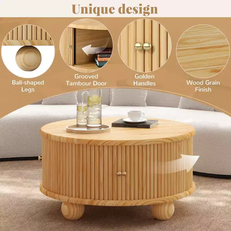 Table basse ovale/ronde, table d'appoint canapé avec plateau cannelé, table de rangement, table de cocktail avec cadre en bois massif - ModernLuxe