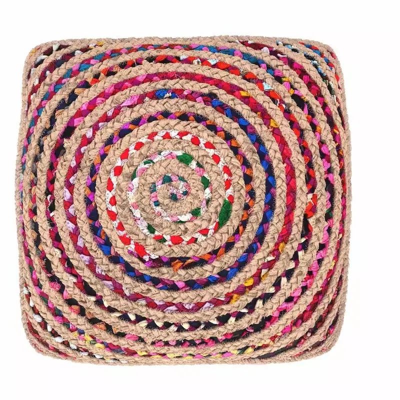 Pouf bohème Matisse de 20 pouces de large en jute naturelle/coton Chindi multicolore, assemblé