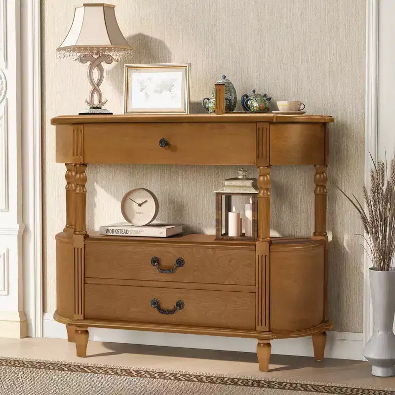 JVNOXK Table console vintage en bois courbé de 109 cm avec 3 tiroirs, table d'entrée avec étagère de rangement, convient pour le salon, marron