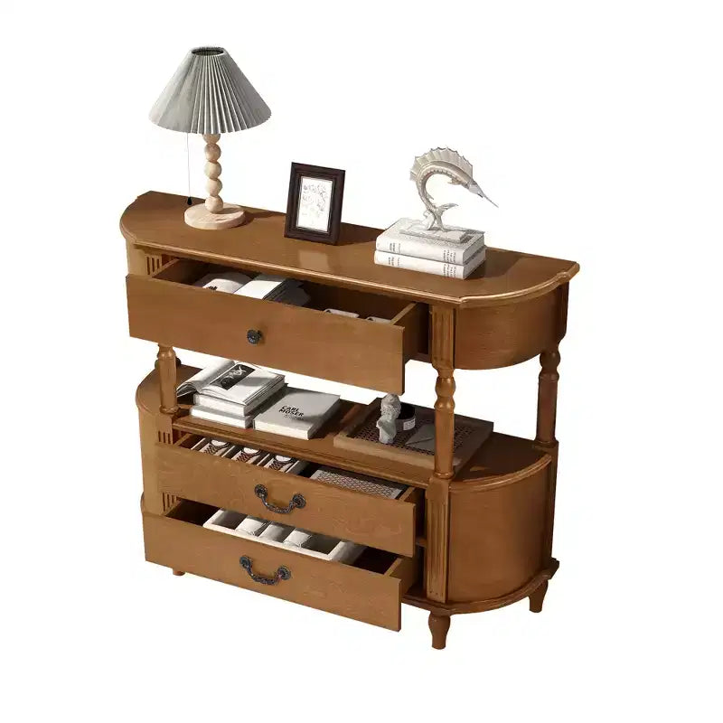JVNOXK Table console vintage en bois courbé de 109 cm avec 3 tiroirs, table d'entrée avec étagère de rangement, convient pour le salon, marron