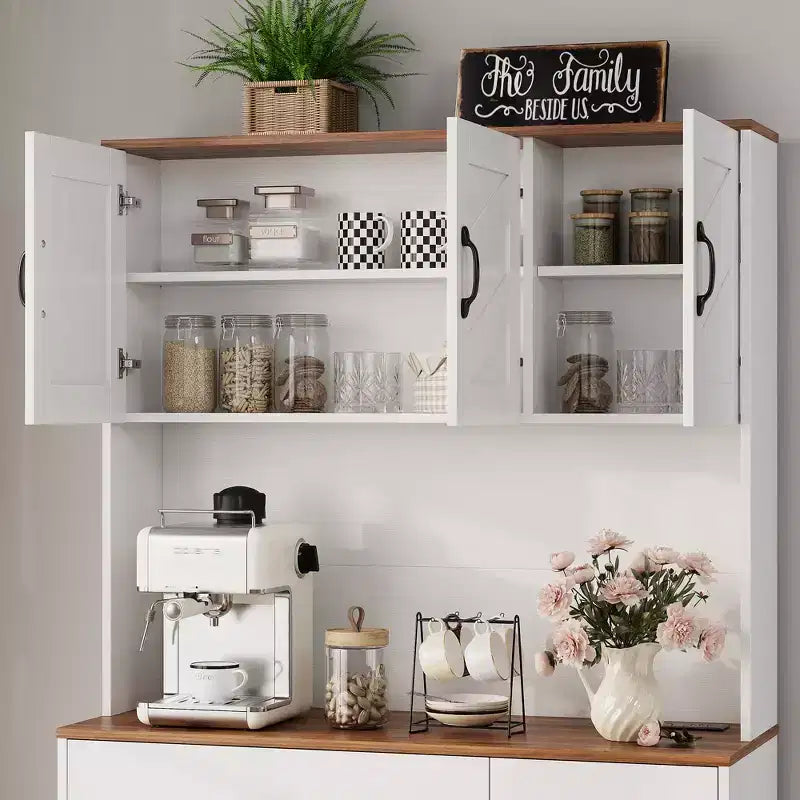 Meuble de rangement avec station de charge, Armoire de cuisine de 180 cm, Vaisselier de cuisine de style campagnard avec tiroirs, Étagères réglables pour salle à manger