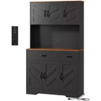Meuble de rangement avec station de charge, Armoire de cuisine de 180 cm, Vaisselier de cuisine de style campagnard avec tiroirs, Étagères réglables pour salle à manger