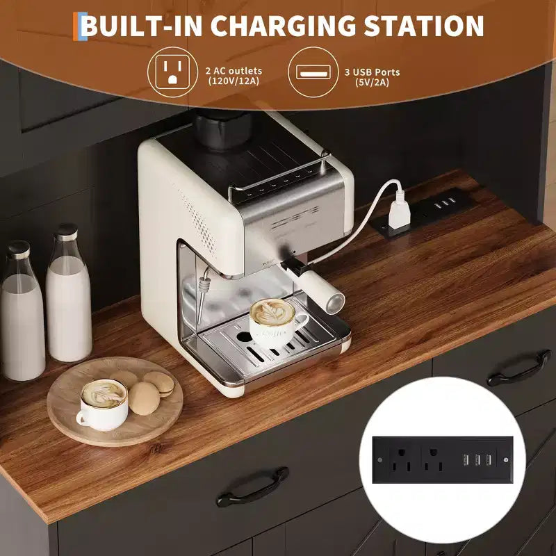 Meuble de rangement avec station de charge, Armoire de cuisine de 180 cm, Vaisselier de cuisine de style campagnard avec tiroirs, Étagères réglables pour salle à manger