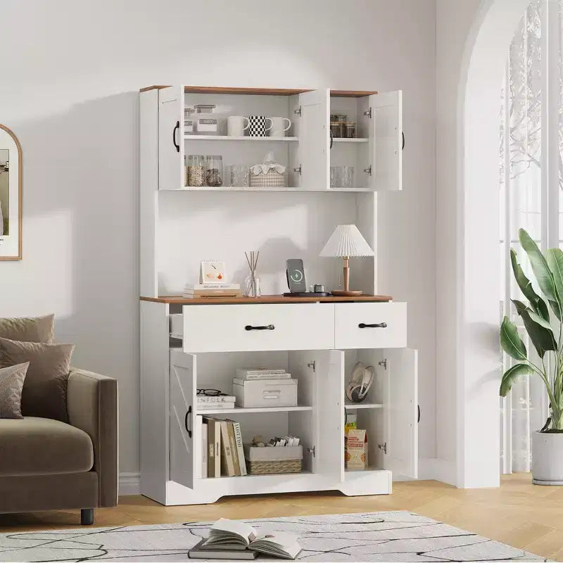 Meuble de rangement avec station de charge, Armoire de cuisine de 180 cm, Vaisselier de cuisine de style campagnard avec tiroirs, Étagères réglables pour salle à manger
