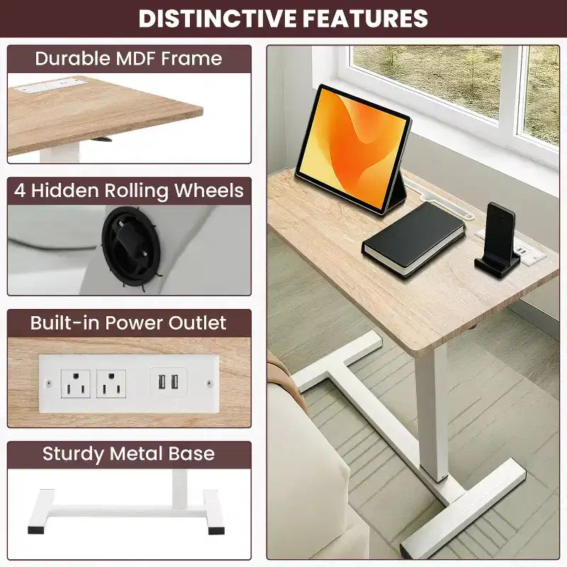 Home Imports Emporium Table de lit réglable avec roulettes, support robuste pour ordinateur portable avec chargement USB et Type-C, porte-gobelet
