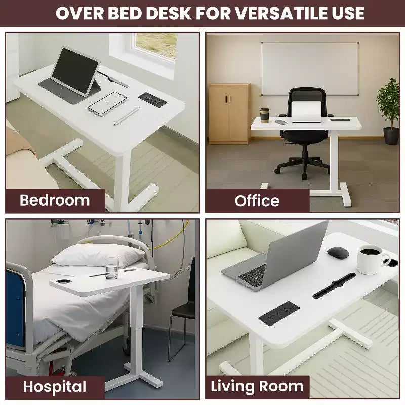 Home Imports Emporium Table de lit réglable avec roulettes, support robuste pour ordinateur portable avec chargement USB et Type-C, porte-gobelet
