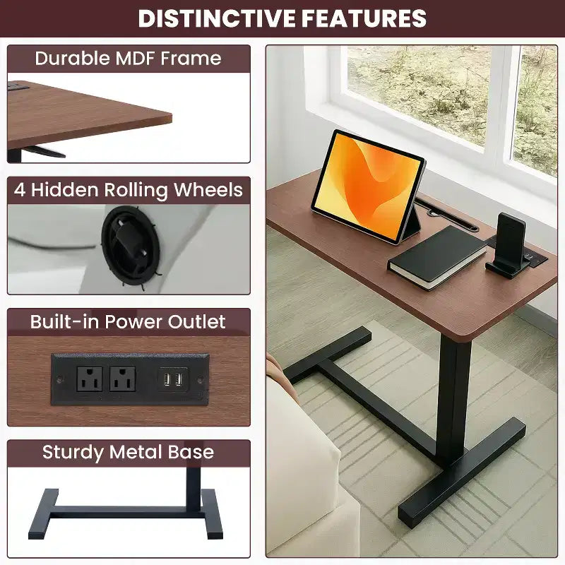 Home Imports Emporium Table de lit réglable avec roulettes, support robuste pour ordinateur portable avec chargement USB et Type-C, porte-gobelet