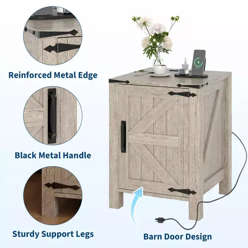 Table de chevet rustique avec station de charge, Table de nuit en bois de 45 cm avec porte coulissante, Étagère réglable et rangement à deux niveaux