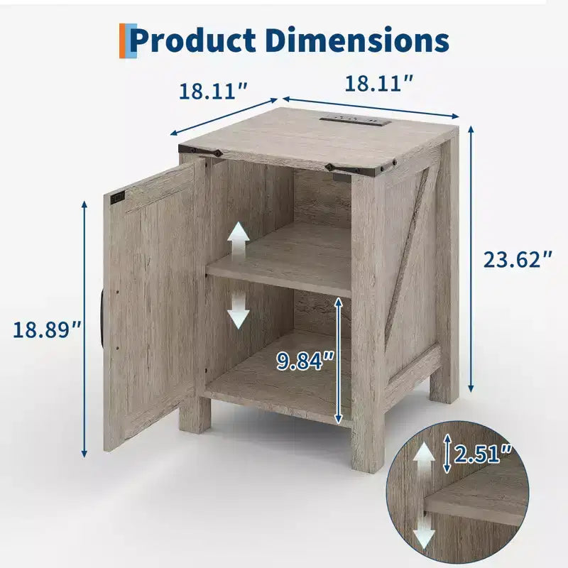 Table de chevet rustique avec station de charge, Table de nuit en bois de 45 cm avec porte coulissante, Étagère réglable et rangement à deux niveaux