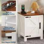Table de chevet rustique avec station de charge, Table de nuit en bois de 45 cm avec porte coulissante, Étagère réglable et rangement à deux niveaux