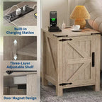 Table de chevet rustique avec station de charge, Table de nuit en bois de 45 cm avec porte coulissante, Étagère réglable et rangement à deux niveaux
