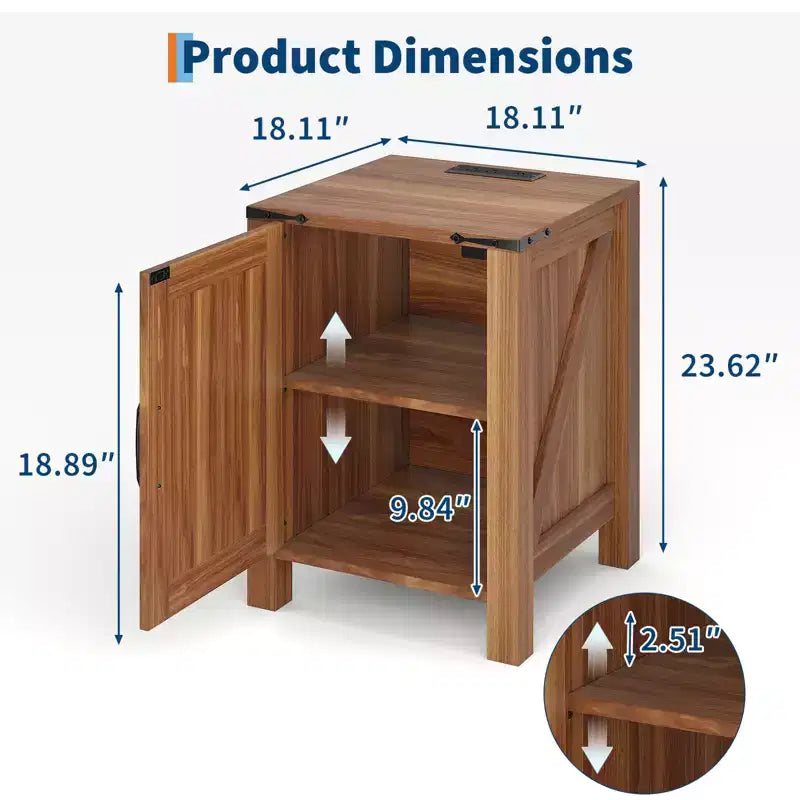 Table de chevet rustique avec station de charge, Table de nuit en bois de 45 cm avec porte coulissante, Étagère réglable et rangement à deux niveaux