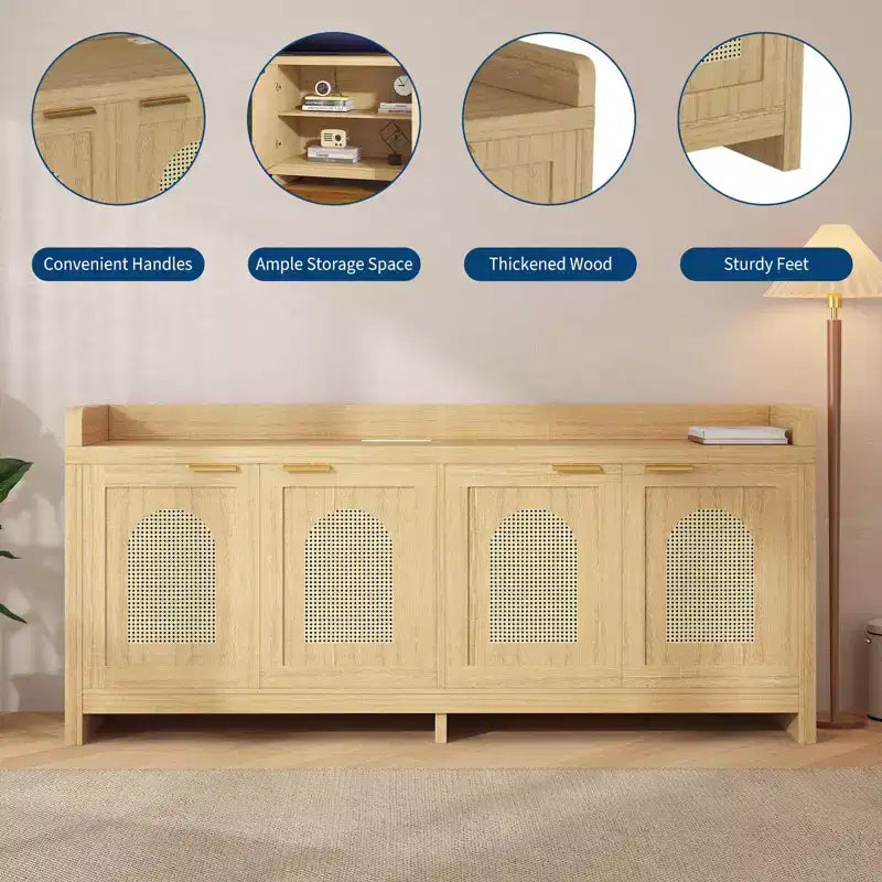 Meuble TV COZONY 61,5" en rotin naturel pour téléviseur 65", meuble de divertissement moderne avec armoire de rangement