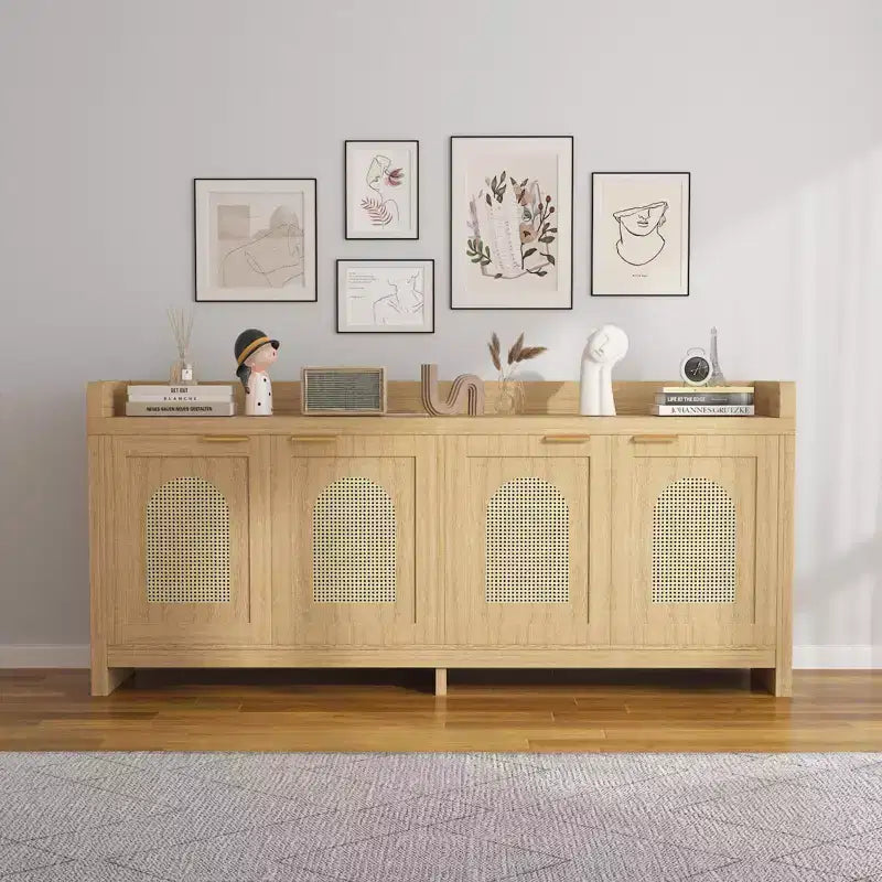 Meuble TV COZONY 61,5" en rotin naturel pour téléviseur 65", meuble de divertissement moderne avec armoire de rangement