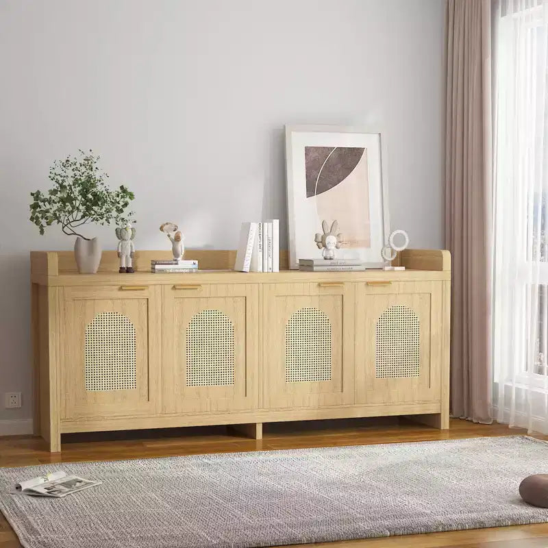 Meuble TV COZONY 61,5" en rotin naturel pour téléviseur 65", meuble de divertissement moderne avec armoire de rangement