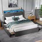 Modern Queen Bed Frame with Charging Station LED Lights 4 Storage Drawers Gray Upholstered Headboard Metal Slats No Box Spring Needed